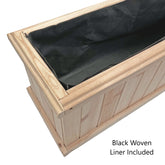 A wooden planter box with a black woven liner inside, shown on a white background with text that reads &