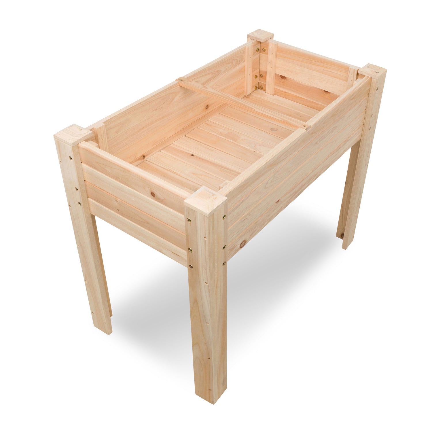 A light natural wood raised garden bed with a slatted design and four legs, shown from an elevated perspective on a white background. 
