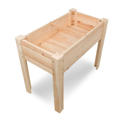 A light natural wood raised garden bed with a slatted design and four legs, shown from an elevated perspective on a white background. 