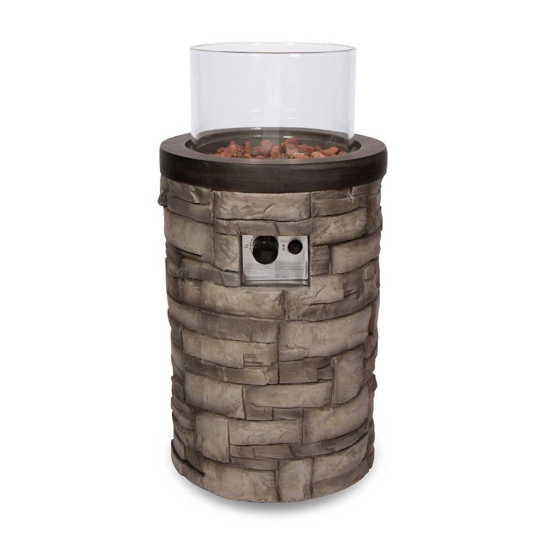 Sevilla 18in. Round Outdoor Propane Gas Fire Column with Glass Guard and Lava Rocks, Stone