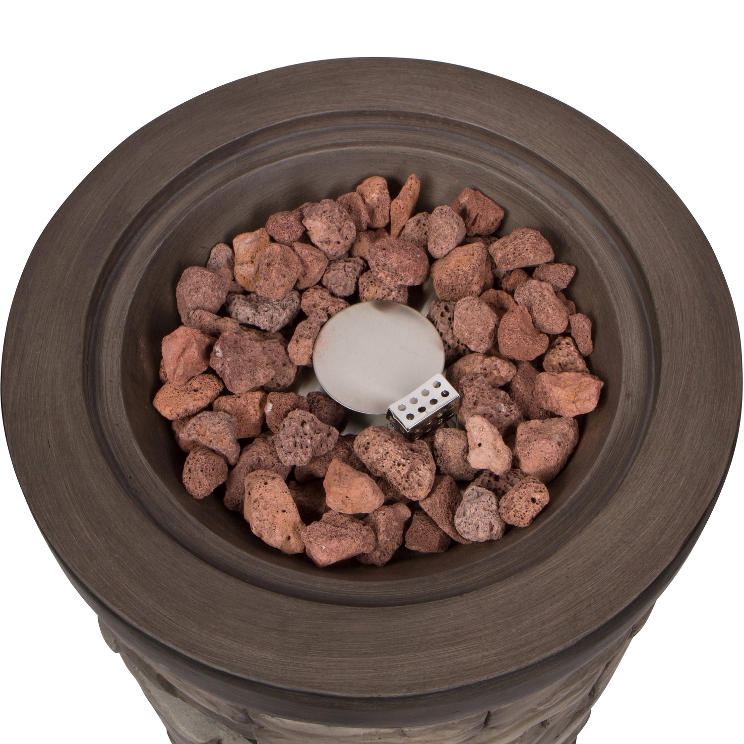 Sevilla 18in. Round Outdoor Propane Gas Fire Column with Glass Guard and Lava Rocks, Stone