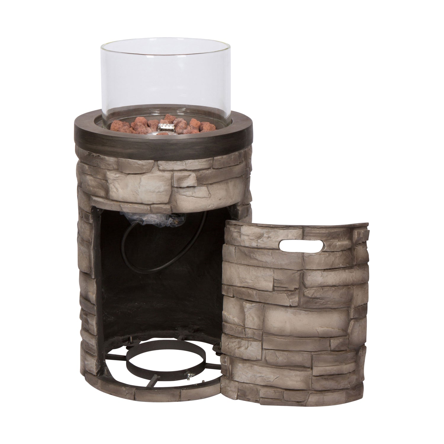 Sevilla 18in. Round Outdoor Propane Gas Fire Column with Glass Guard and Lava Rocks, Stone