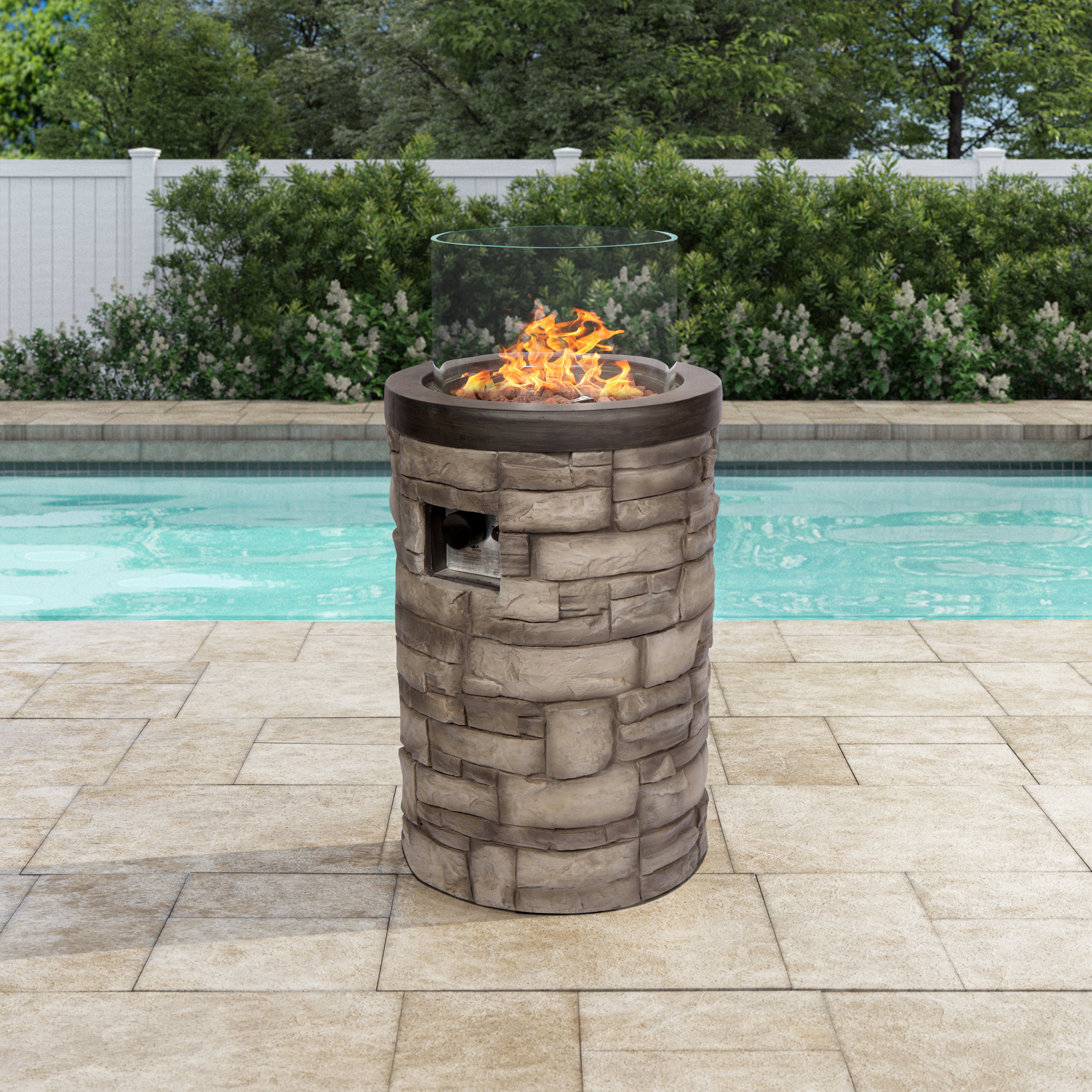 Sevilla 18in. Round Outdoor Propane Gas Fire Column with Glass Guard and Lava Rocks, Stone