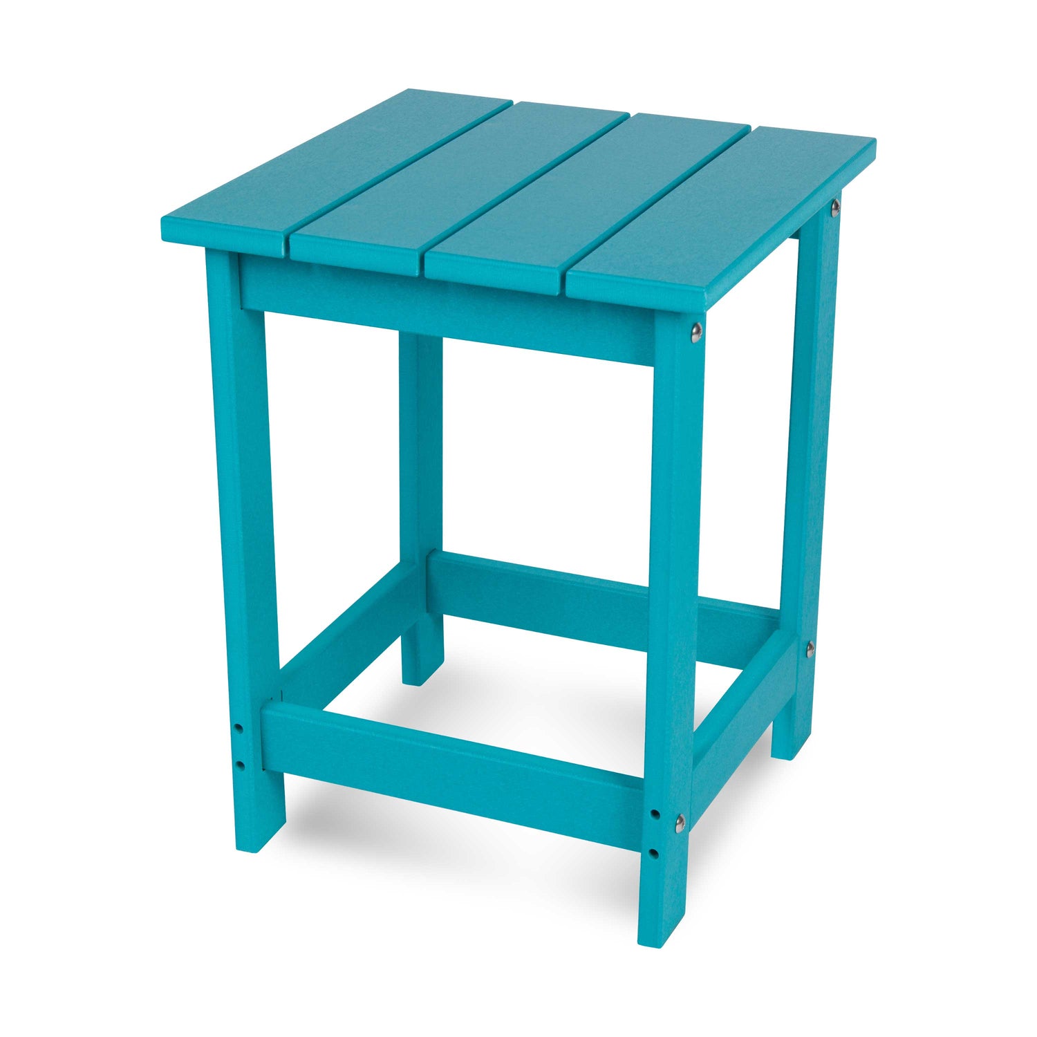 A bright turquoise blue outdoor side table with a slatted top and open frame, shown on a clean white background. 