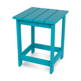 A bright turquoise blue outdoor side table with a slatted top and open frame, shown on a clean white background. 