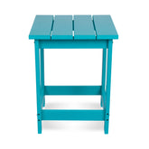 A bright turquoise blue outdoor side table with a slatted top and open lower support, shown on a plain white background. 