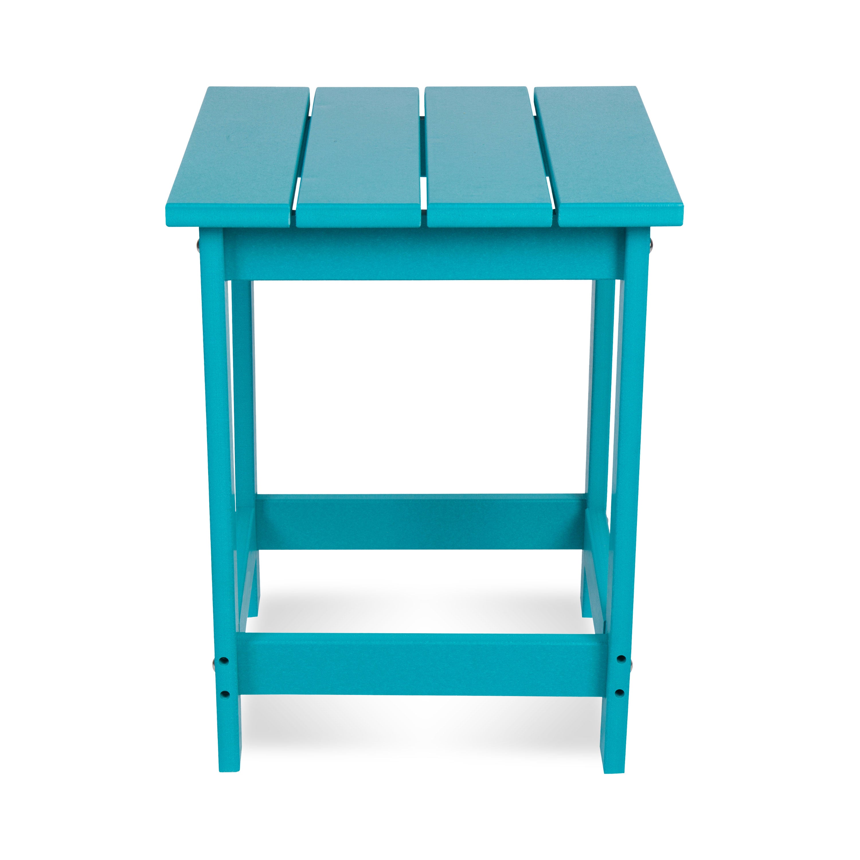 A bright turquoise blue outdoor side table with a slatted top and open lower support, shown on a plain white background. 