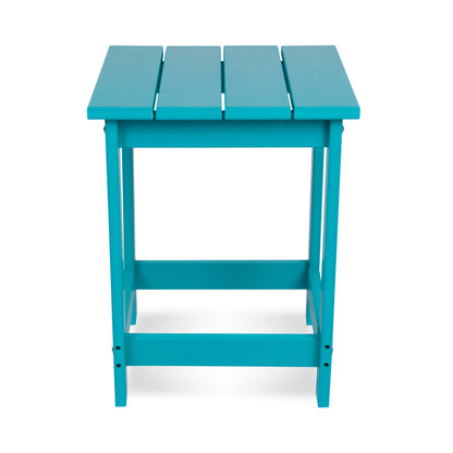 A bright turquoise blue outdoor side table with a slatted top and open lower support, shown on a plain white background. 