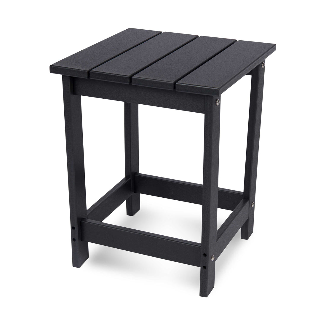 A black outdoor side table with a slatted top and four legs, shown on a clean white background. 