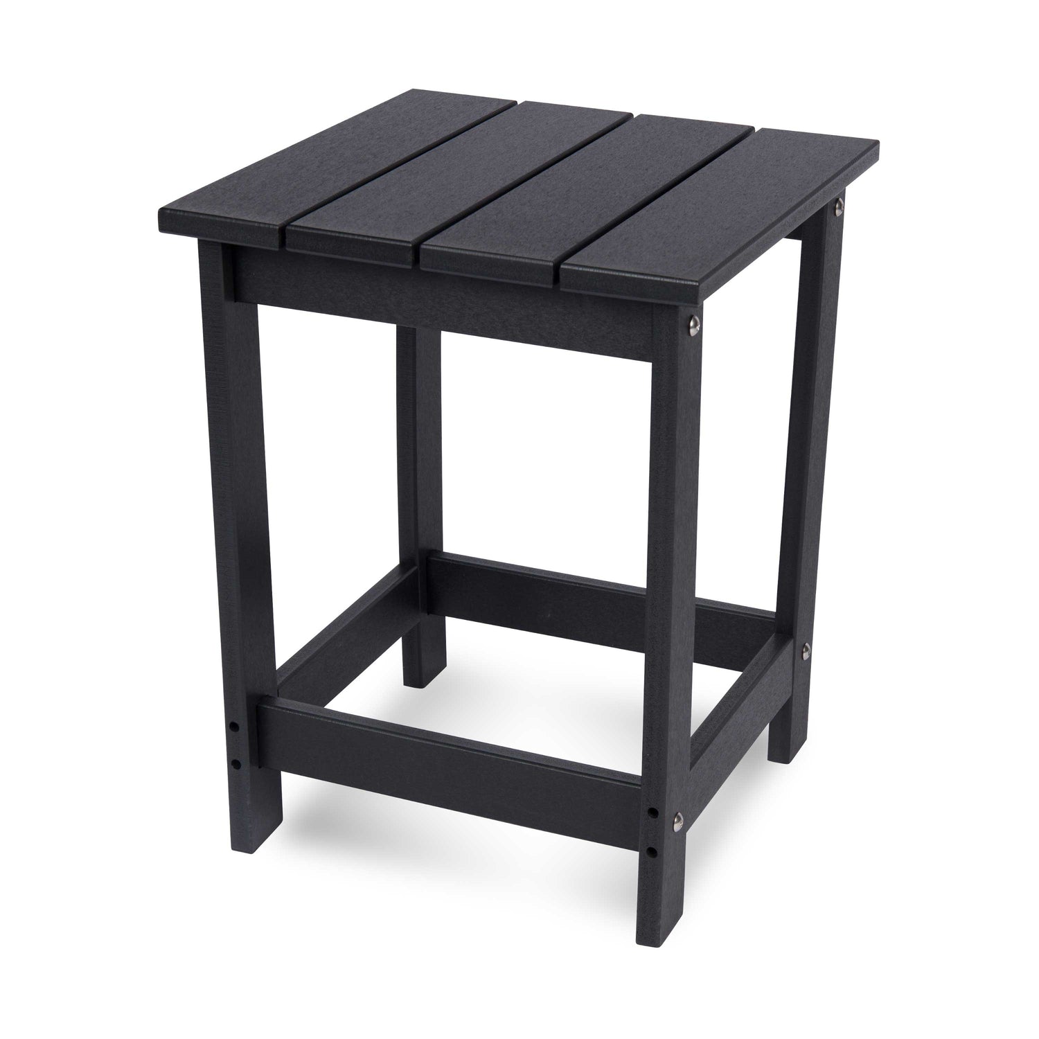 A black outdoor side table with a slatted top and four legs, shown on a clean white background. 