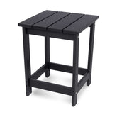 A black outdoor side table with a slatted top and four legs, shown on a clean white background. 
