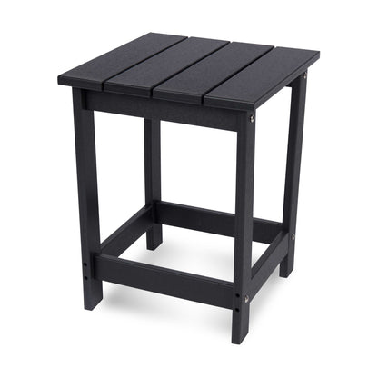 A black outdoor side table with a slatted top and four legs, shown on a clean white background. 