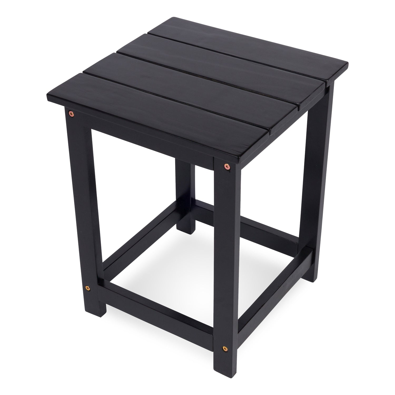 A black slatted wooden side table or stool with a slatted top and open frame legs, shown on a plain white background. 