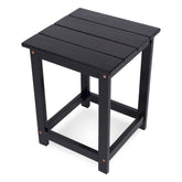 A black slatted wooden side table or stool with a slatted top and open frame legs, shown on a plain white background. 