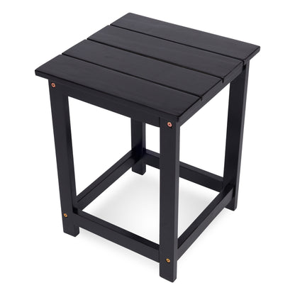 A black slatted wooden side table or stool with a slatted top and open frame legs, shown on a plain white background. 