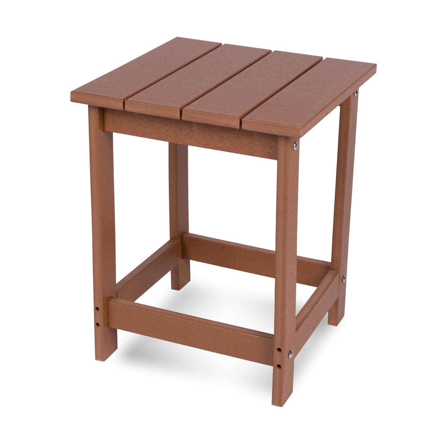 A square outdoor side table made of brown composite lumber slats on a white background. 