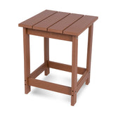 A square outdoor side table made of brown composite lumber slats on a white background. 