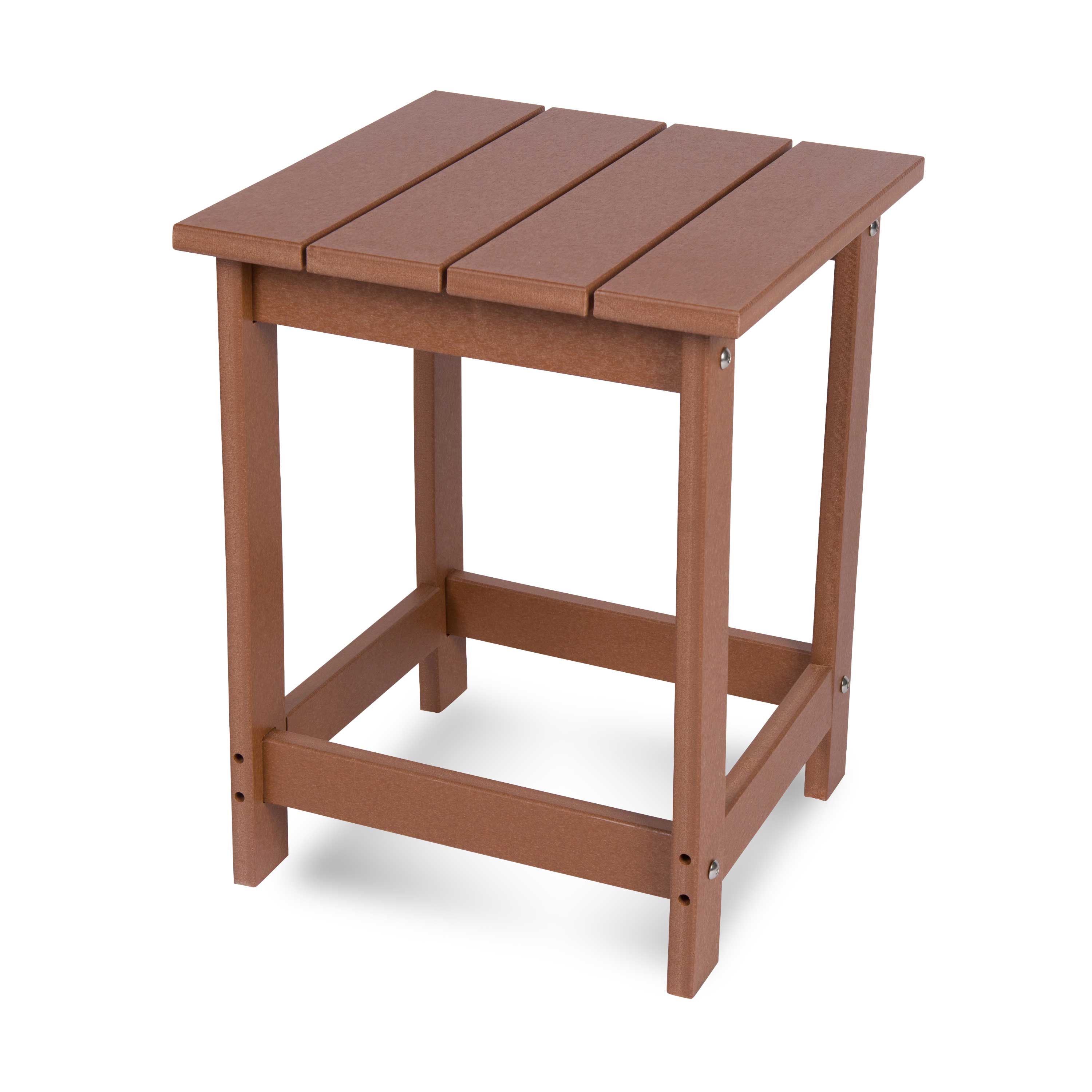 A square outdoor side table made of brown composite lumber slats on a white background. 