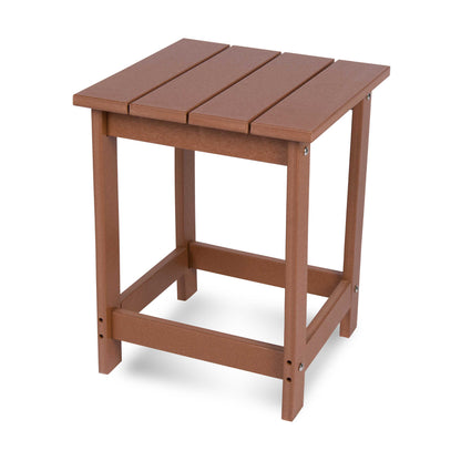 A square outdoor side table made of brown composite lumber slats on a white background. 