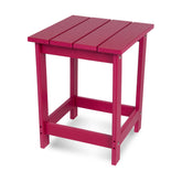 A bright pinkish-red outdoor side table with a slatted top and four legs, shown on a clean white background. 