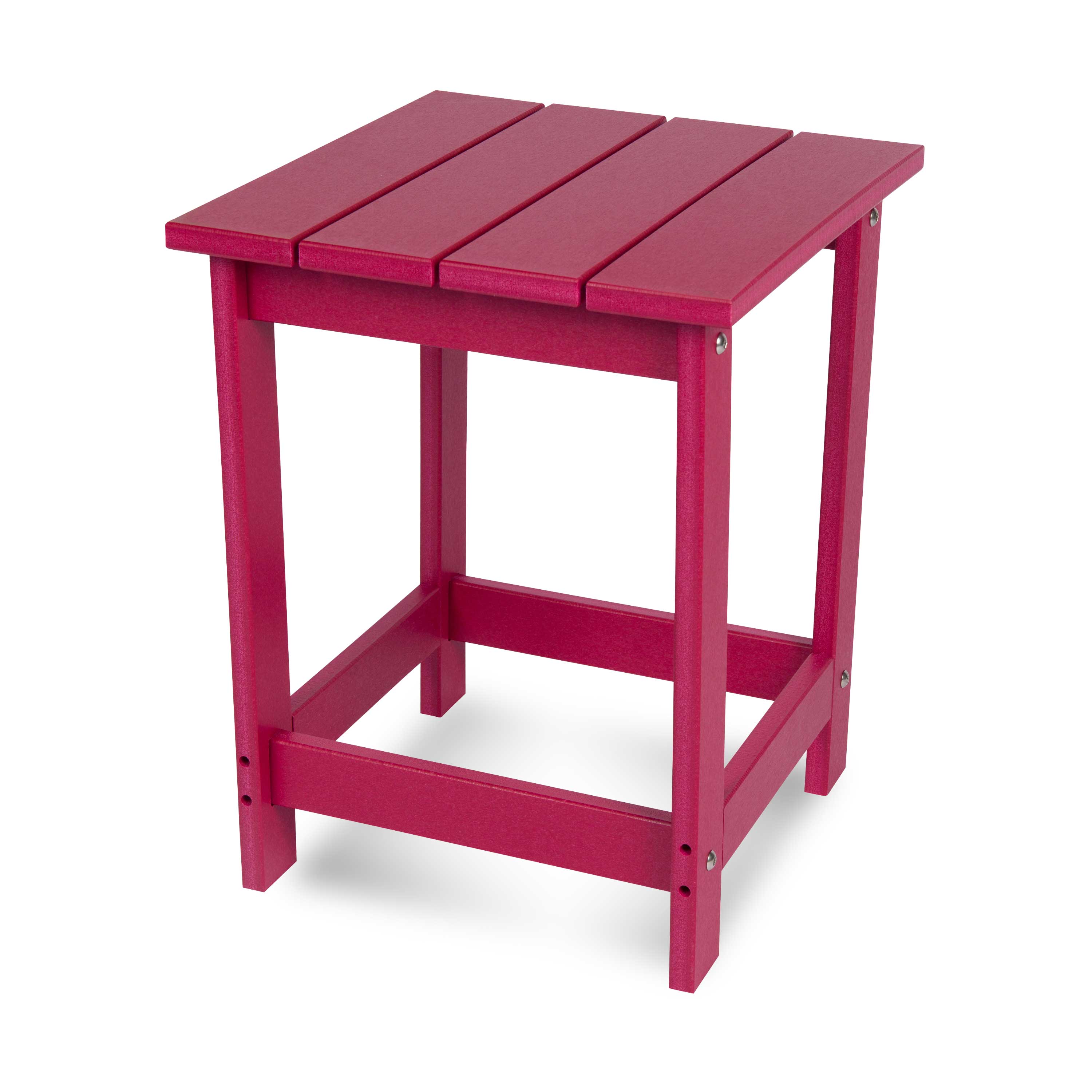 A bright pinkish-red outdoor side table with a slatted top and four legs, shown on a clean white background. 