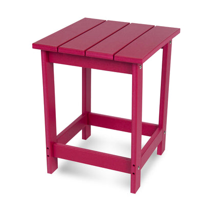 A bright pinkish-red outdoor side table with a slatted top and four legs, shown on a clean white background. 