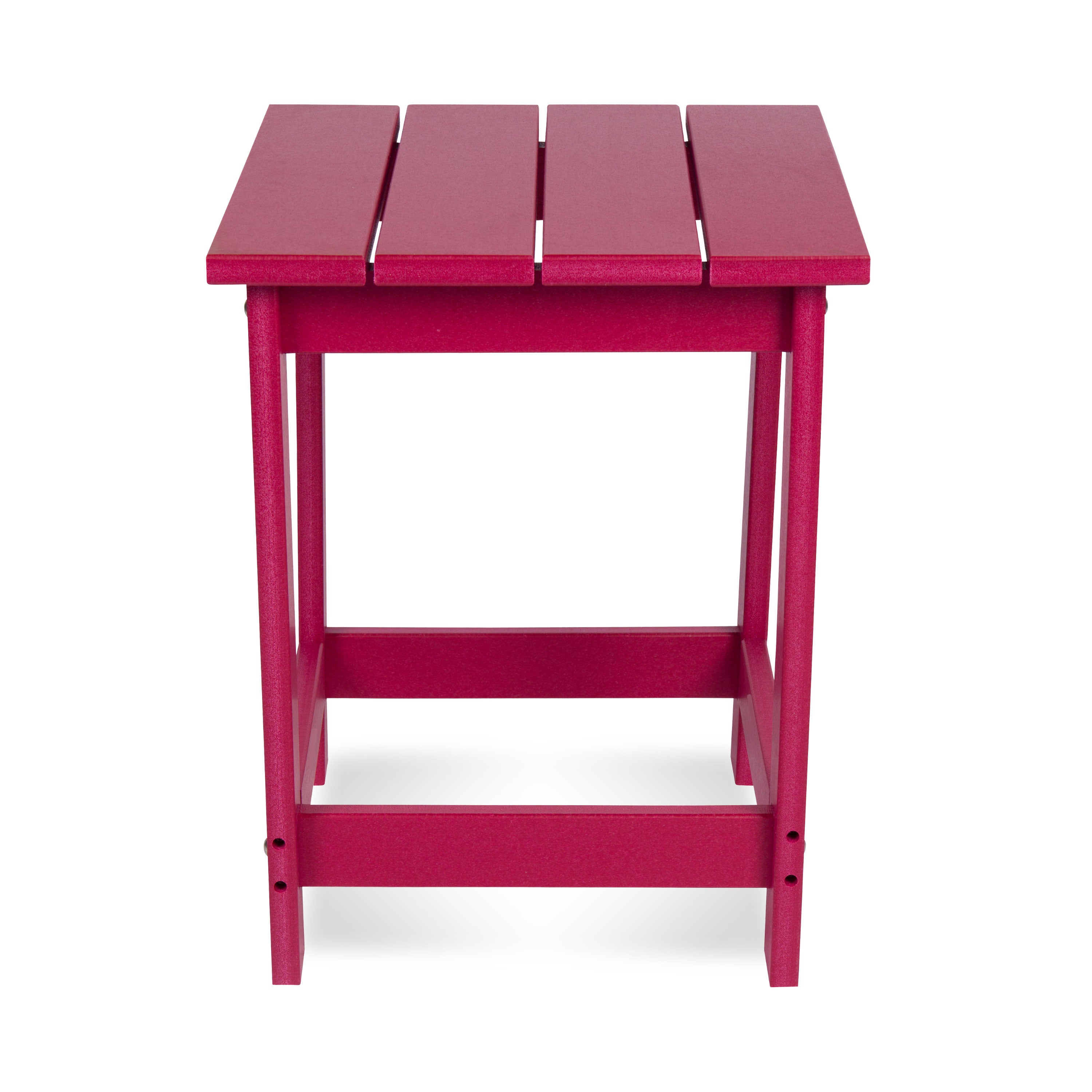 A red slatted side table with a square top and four legs, shown against a plain white background. 