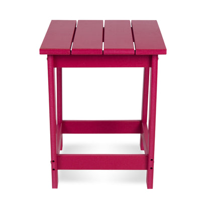 A red slatted side table with a square top and four legs, shown against a plain white background. 