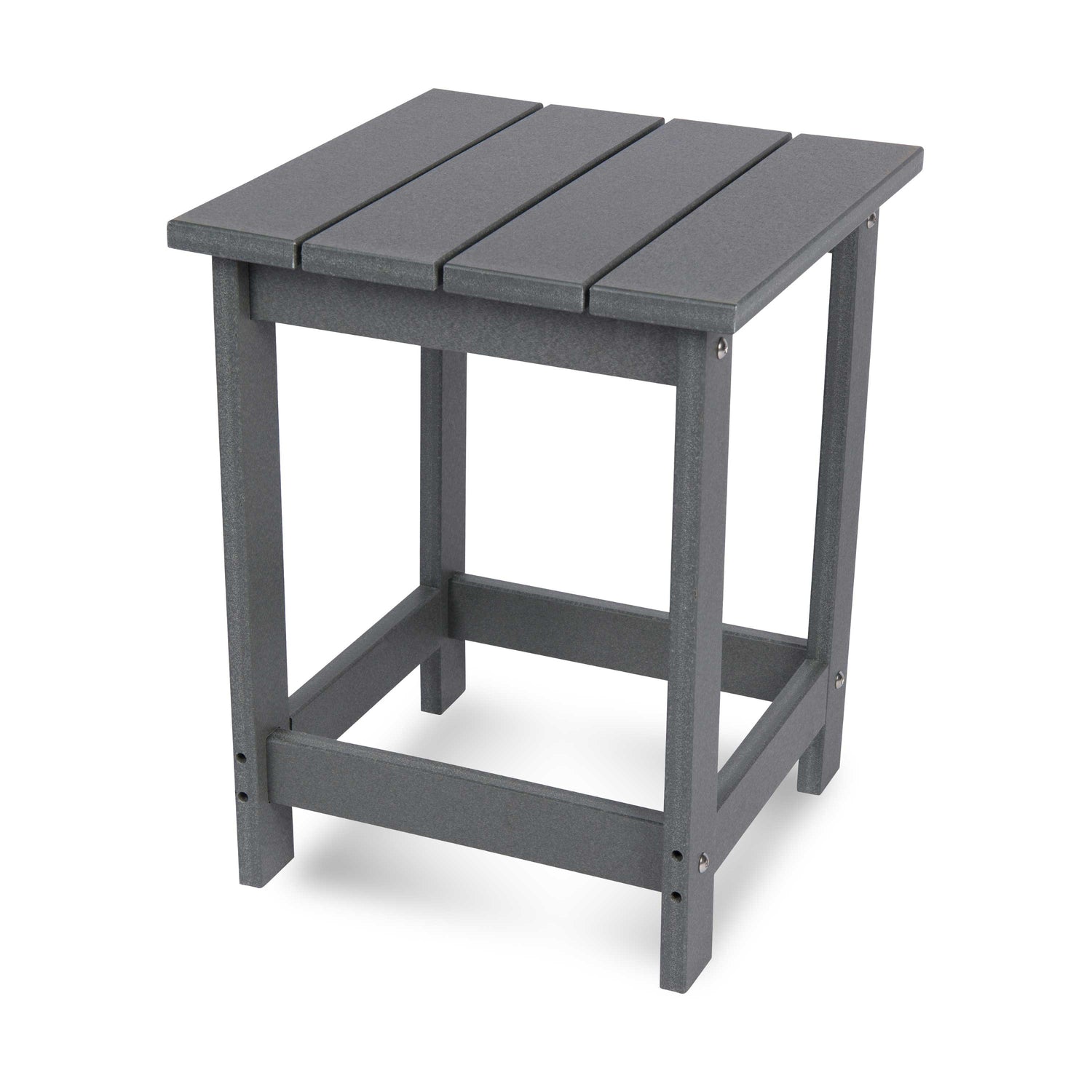 A dark gray outdoor side table with a slatted top and four legs, shown on a clean white background. 
