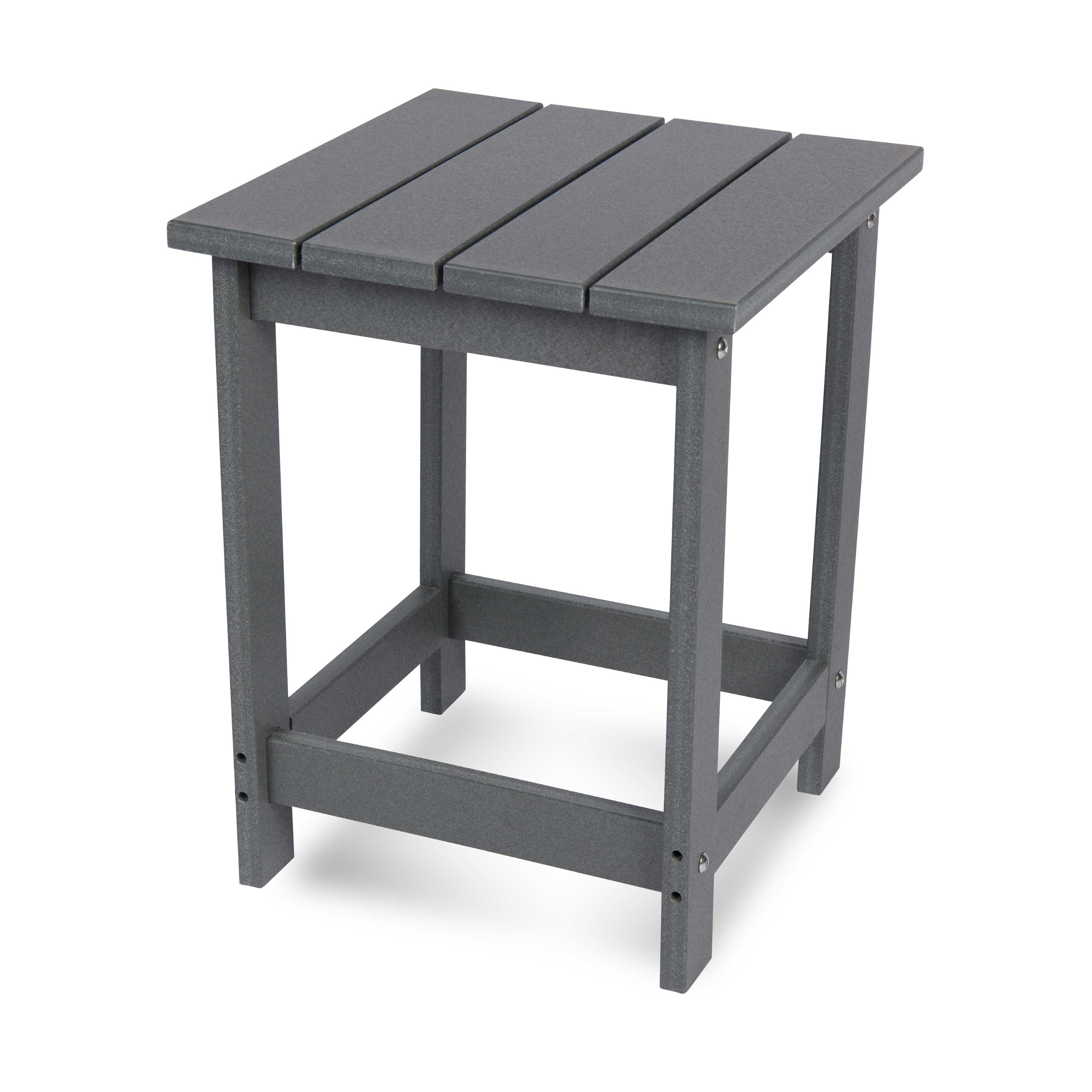 A dark gray outdoor side table with a slatted top and four legs, shown on a clean white background. 