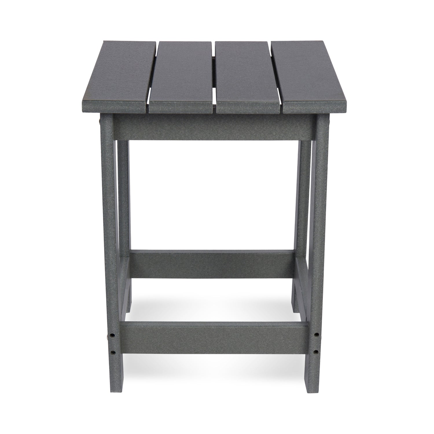 A dark gray outdoor side table with a slatted top and open frame, shown against a plain white background. 