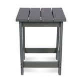 A dark gray outdoor side table with a slatted top and open frame, shown against a plain white background. 