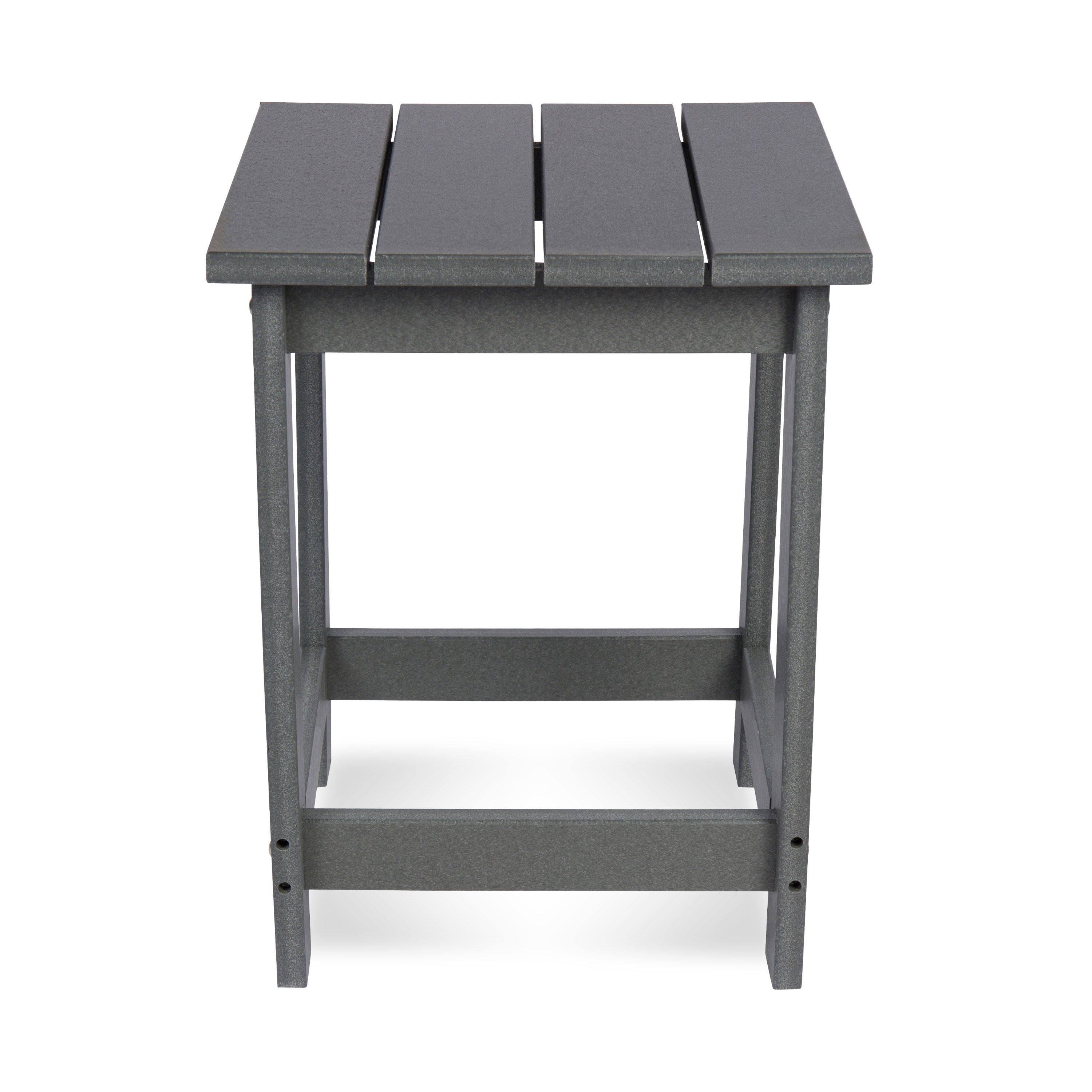 A dark gray outdoor side table with a slatted top and open frame, shown against a plain white background. 