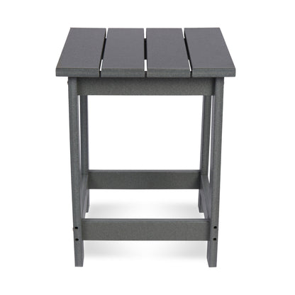 A dark gray outdoor side table with a slatted top and open frame, shown against a plain white background. 
