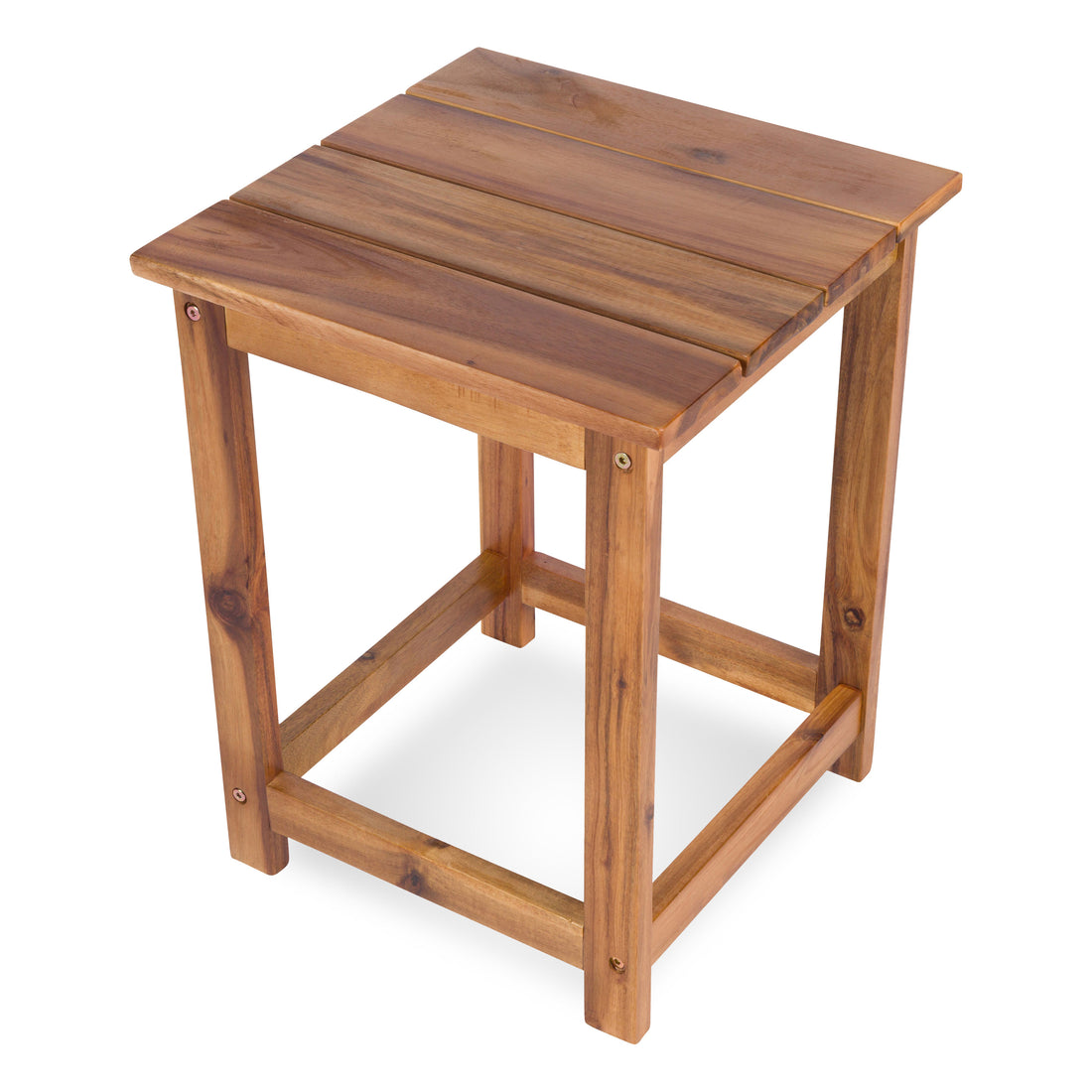 A square wooden side table or stool with a slatted top and open frame legs, shown on a plain white background. 