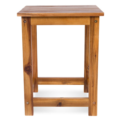 A rustic wooden side table with a square top, four legs, and a lower support rail, shown against a plain white background. 