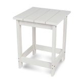 A white outdoor side table with a slatted rectangular top and open lower support rails, shown on a clean white background. 