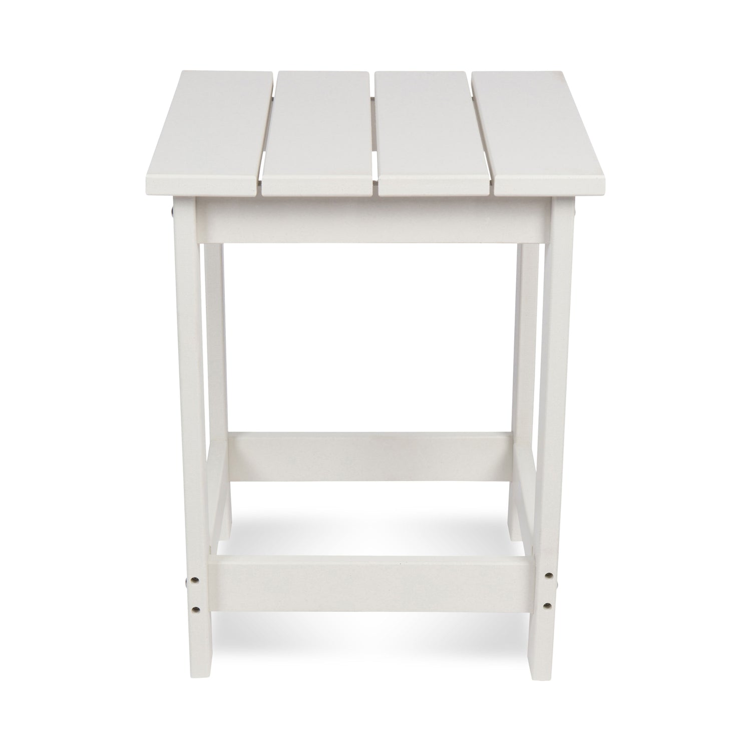 A white outdoor side table with a slatted top and open lower shelf, shown against a plain white background. 