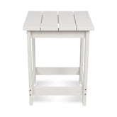 A white outdoor side table with a slatted top and open lower shelf, shown against a plain white background. 