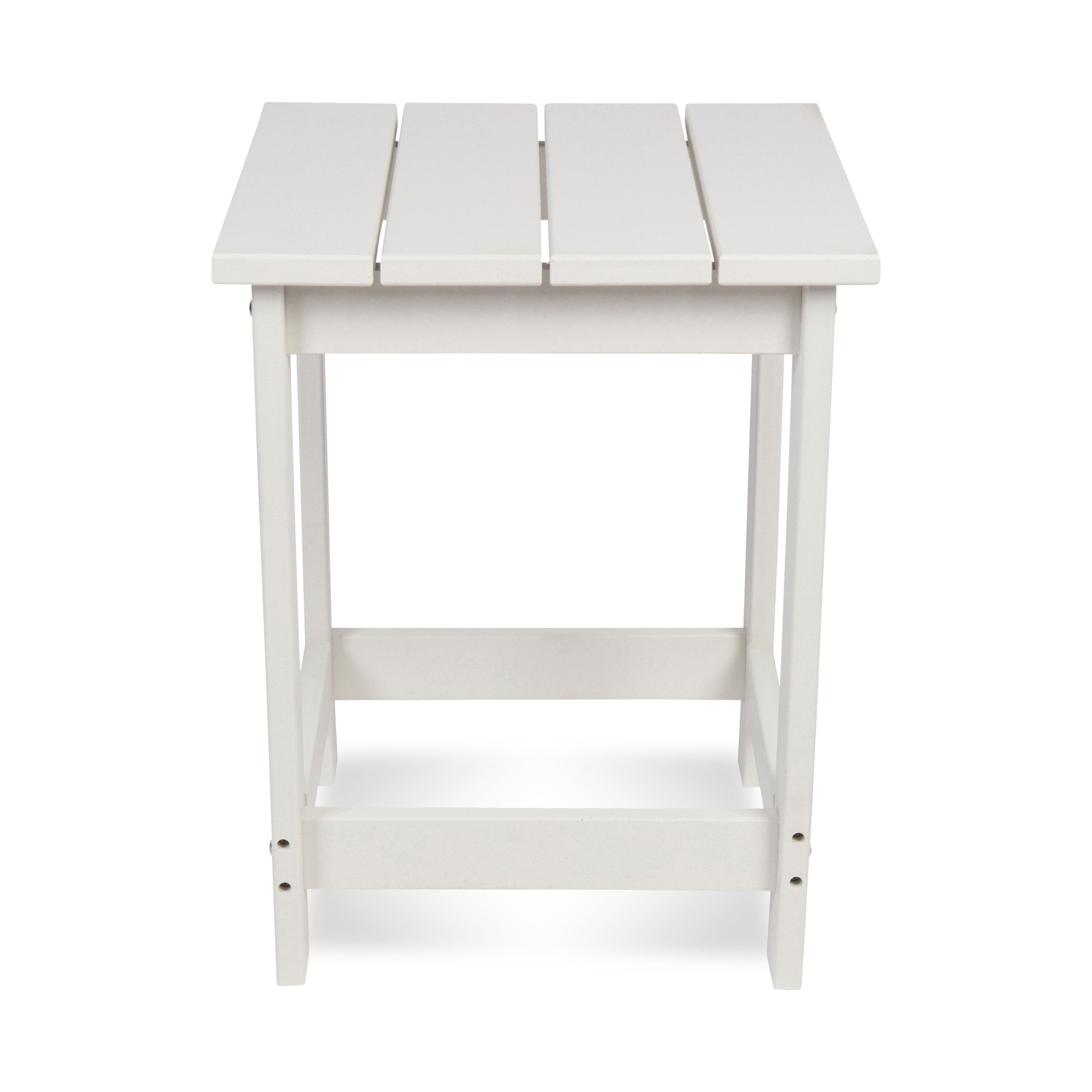 A white outdoor side table with a slatted top and open lower shelf, shown against a plain white background. 