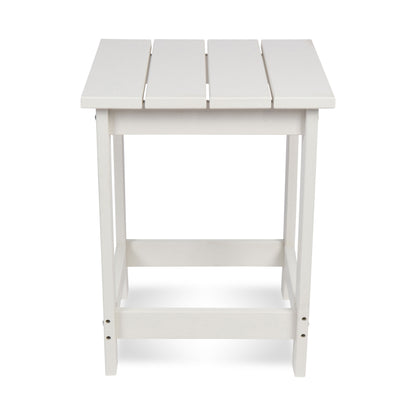 A white outdoor side table with a slatted top and open lower shelf, shown against a plain white background. 