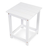 A white slatted square side table or stool with a sturdy frame and small brass-colored corner and leg hardware, shown on a plain white background. 