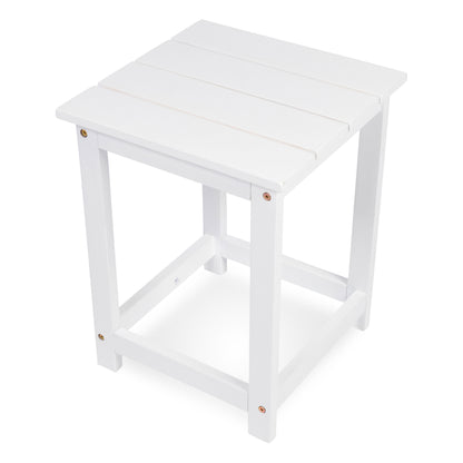 A white slatted square side table or stool with a sturdy frame and small brass-colored corner and leg hardware, shown on a plain white background. 