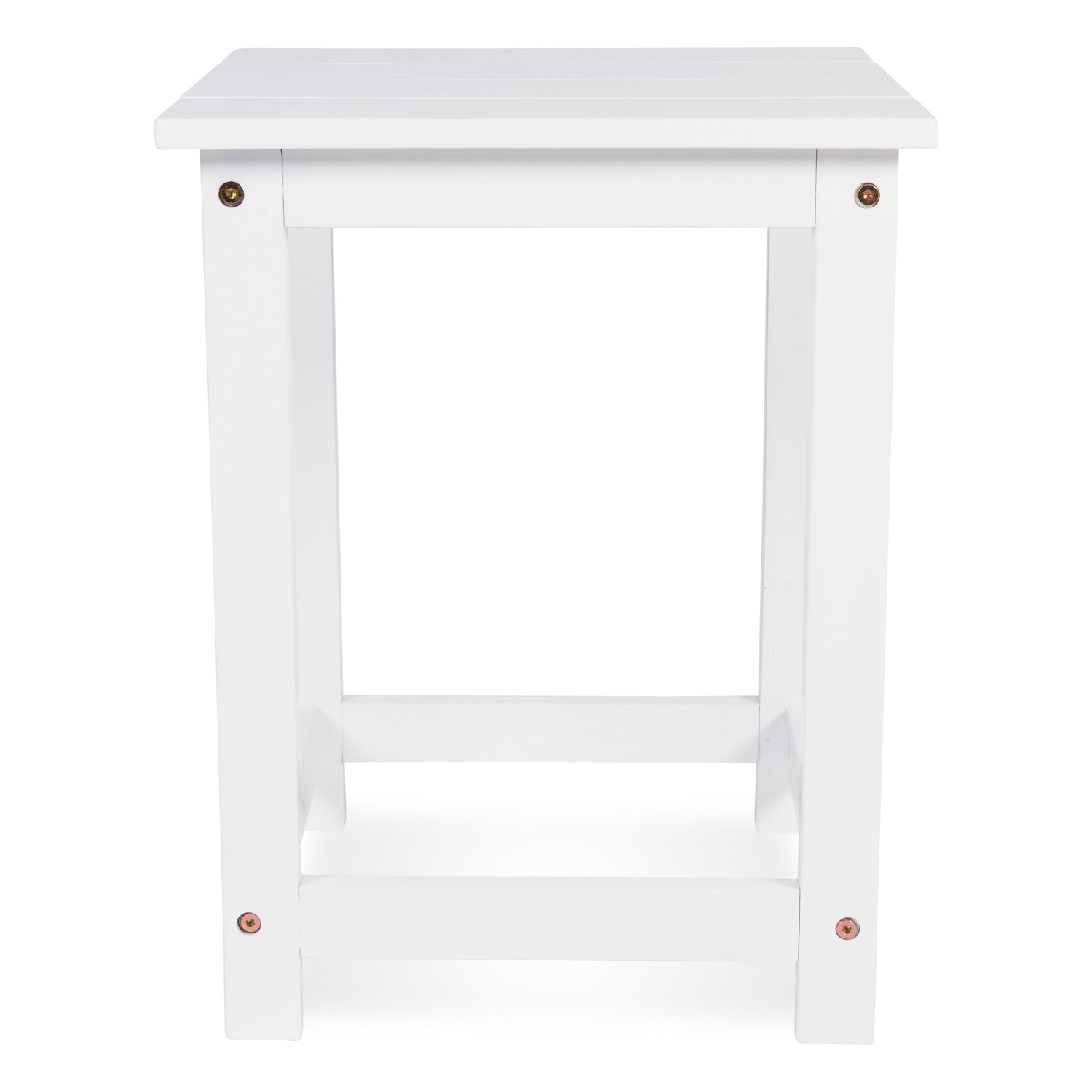 A white wooden end table with a square top, four legs, and a lower support rail, shown against a plain white background. 