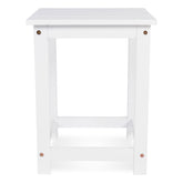 A white wooden end table with a square top, four legs, and a lower support rail, shown against a plain white background. 