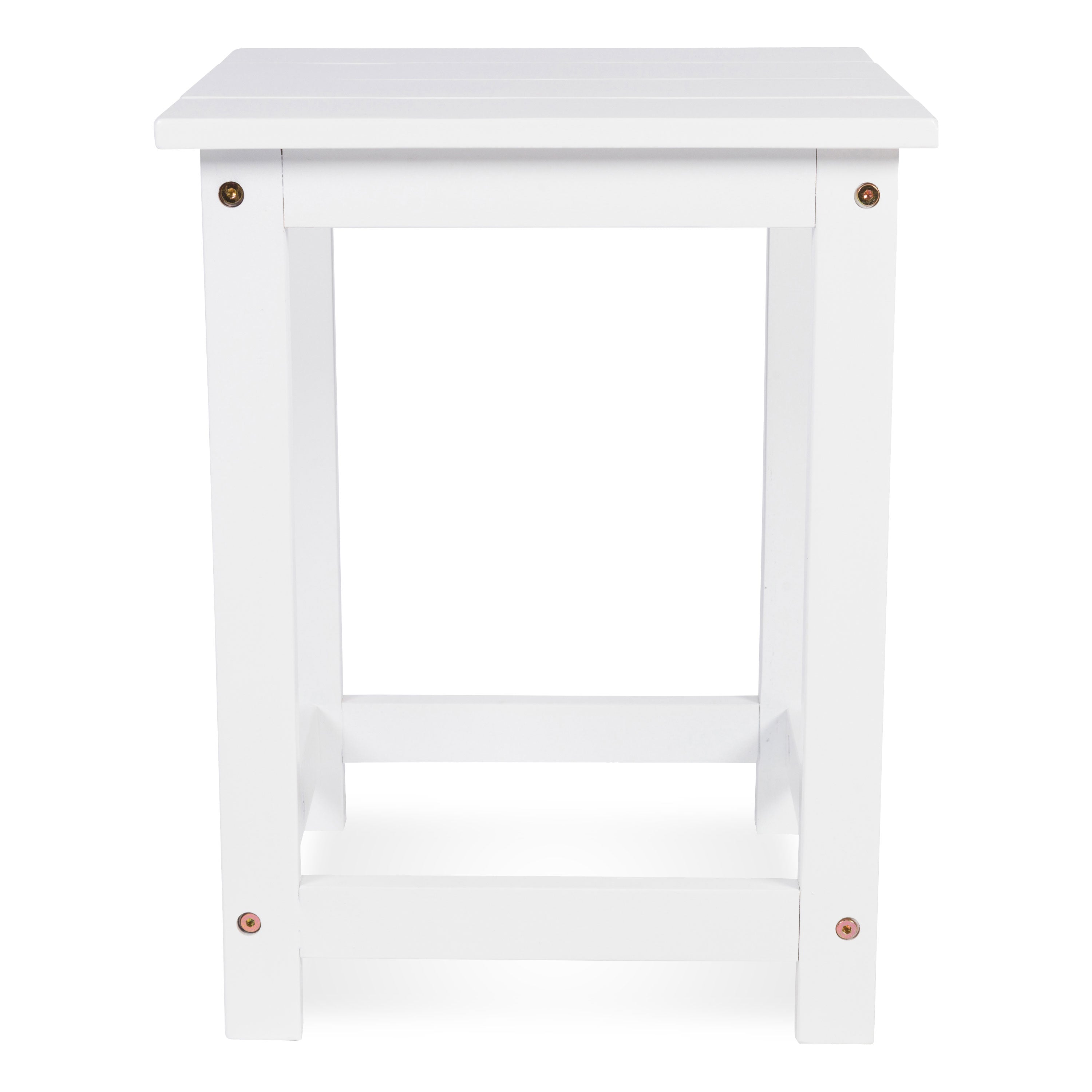 A white wooden end table with a square top, four legs, and a lower support rail, shown against a plain white background. 