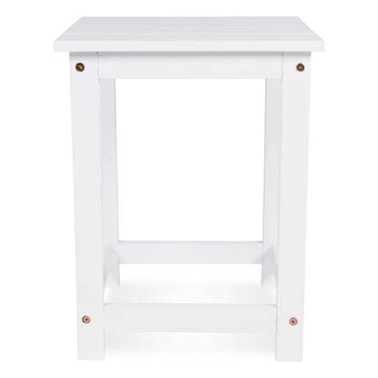 A white wooden end table with a square top, four legs, and a lower support rail, shown against a plain white background. 