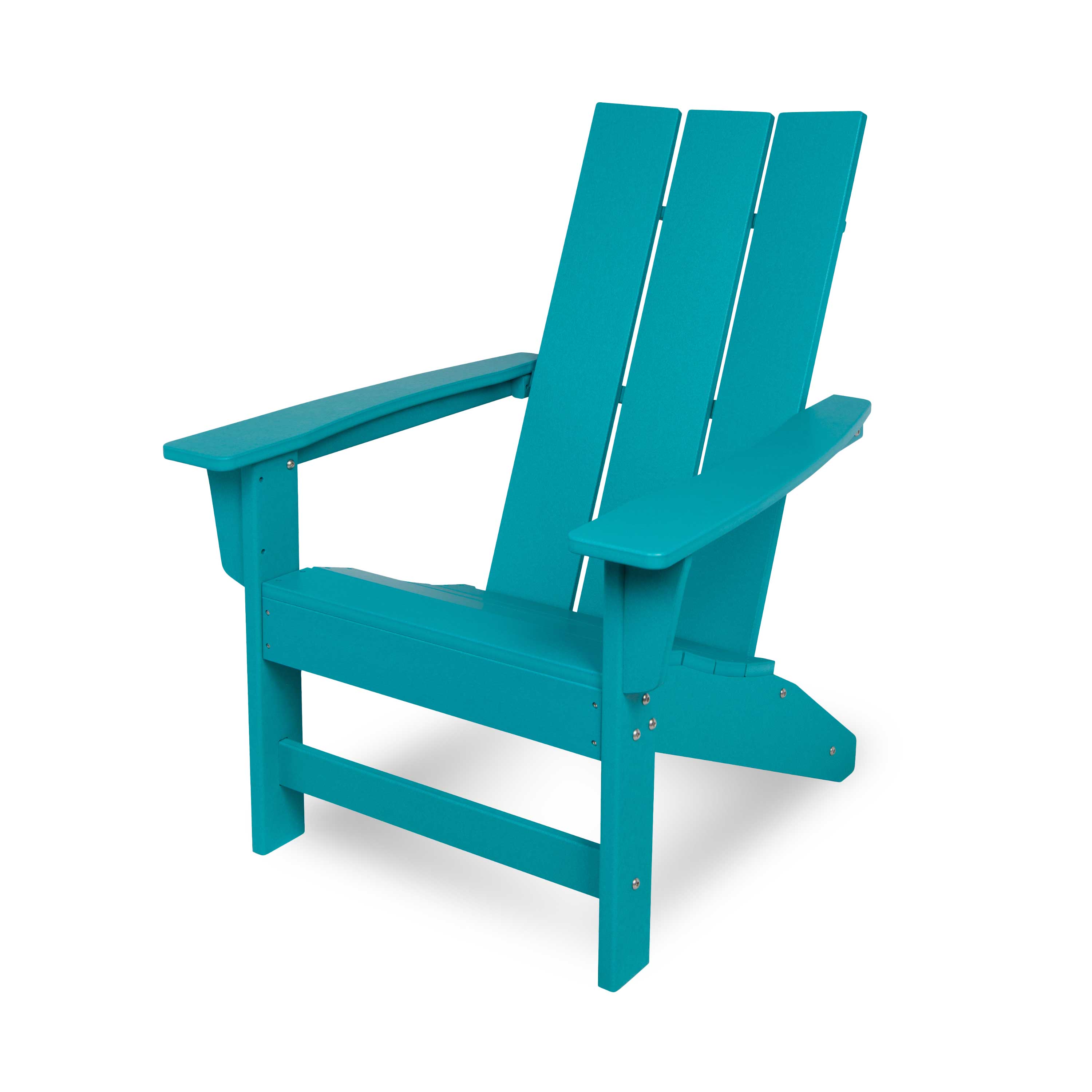 A bright turquoise blue Adirondack-style outdoor chair with a slatted back and wide armrests, shown on a clean white background. 