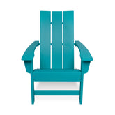 A bright turquoise blue Adirondack-style outdoor chair with a tall slatted back and wide armrests, shown from the front on a plain white background. 