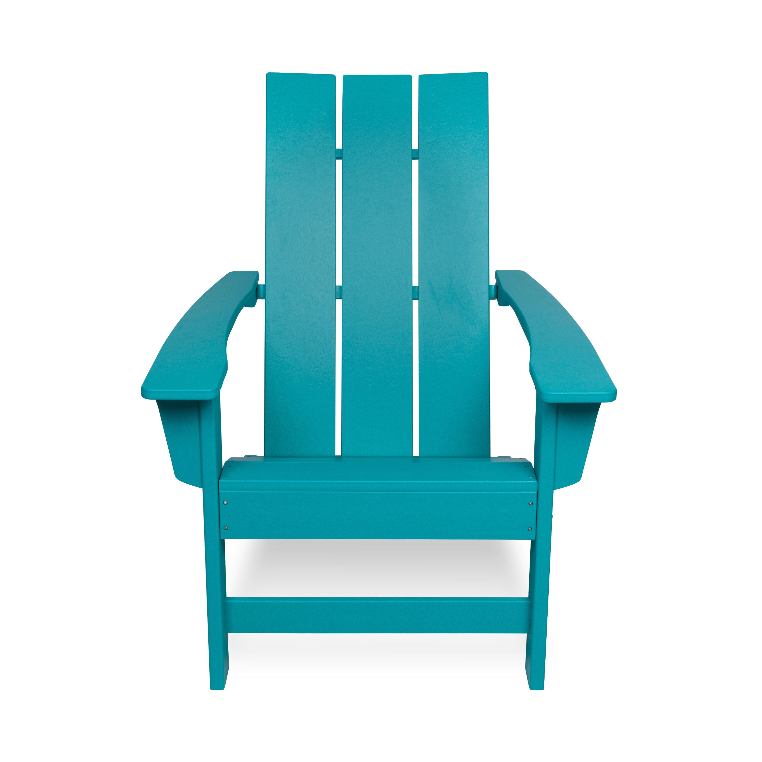 A bright turquoise blue Adirondack-style outdoor chair with a tall slatted back and wide armrests, shown from the front on a plain white background. 